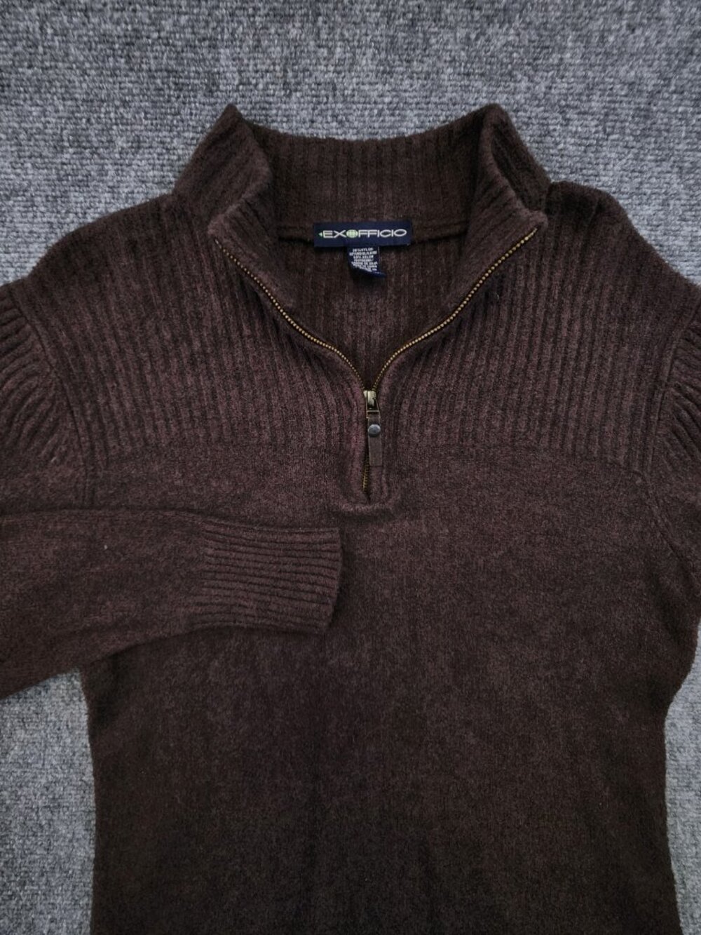 ExOfficio Mens Medium 1/4 Zip Sweater Brown Long Sleeve Nylon Wool Soybean Blend
